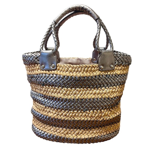 TALBOTS Straw Woven Tote Bag Metallic Accents Braided Handles Coastal‎ Classic - Picture 11 of 11